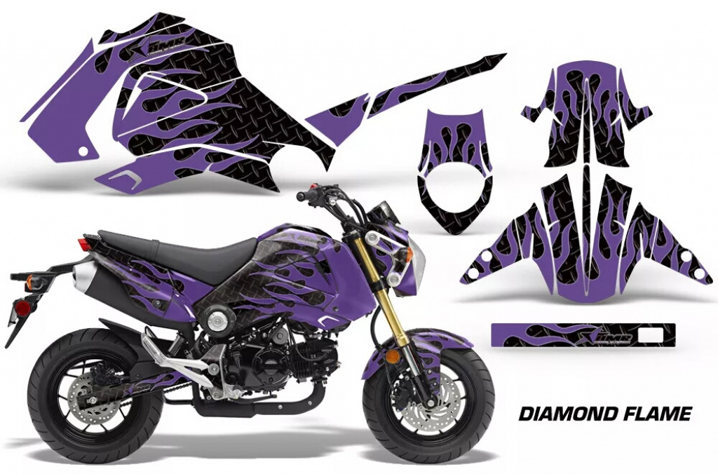 Diamond Flames Hintergrund = Schwarz, Designfarbe = Lila für Honda Grom 125 2013-2016