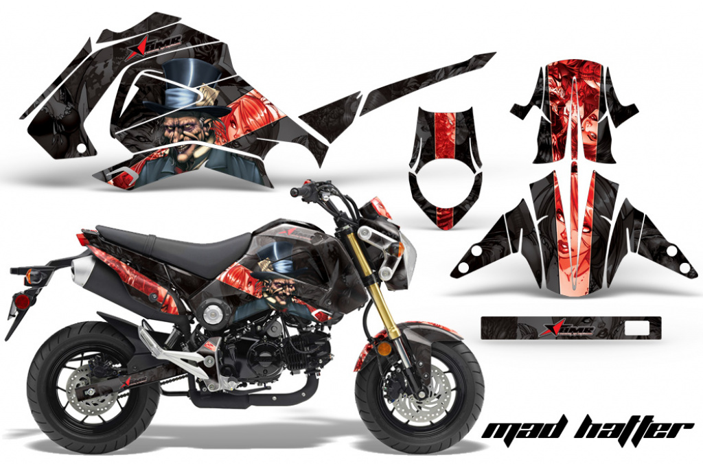 Mad Hatter Hintergrund = Schwarz, Designfarbe = Rot für Honda Grom 125 2013-2016