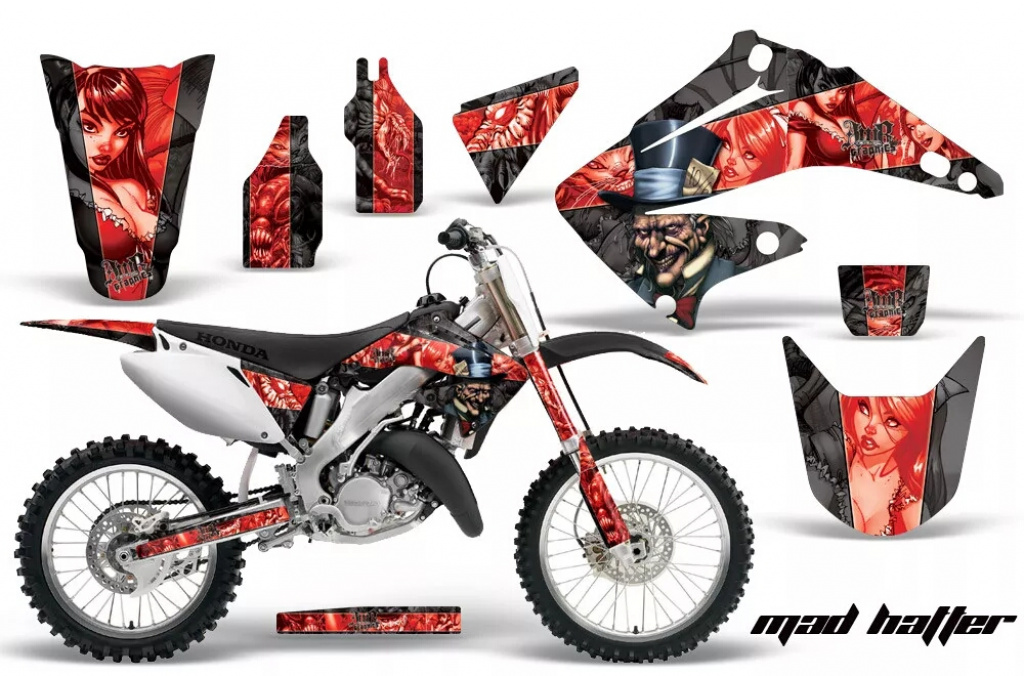 Mad Hatter Hintergrund = Schwarz, Designfarbe = Rot ohne Nummernfeldern für Honda CR125 1995-2015