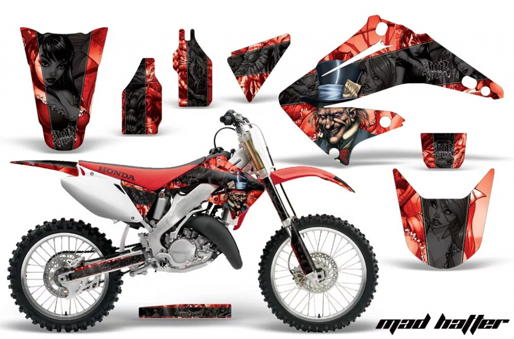 Mad Hatter Hintergrund = Rot, Designfarbe = Schwarz ohne Nummernfeldern für Honda CR125 1995-2015