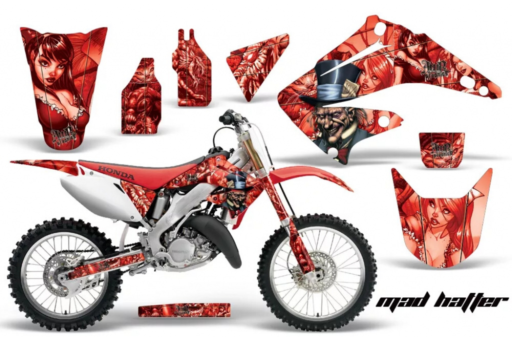 Mad Hatter Hintergrund = Rot, Designfarbe = Rot ohne Nummernfeldern für Honda CR125 1995-2015