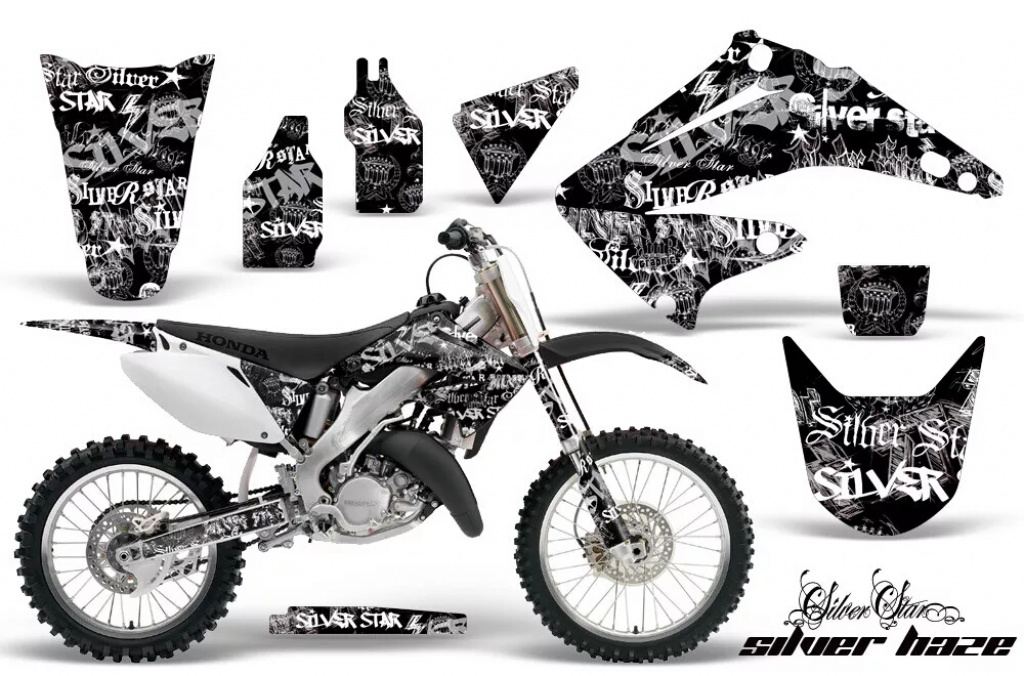 SilverStar- Silverhaze Hintergrund = Schwarz, Designfarbe = Weiß ohne Nummernfeldern für Honda CR125 1995-2015