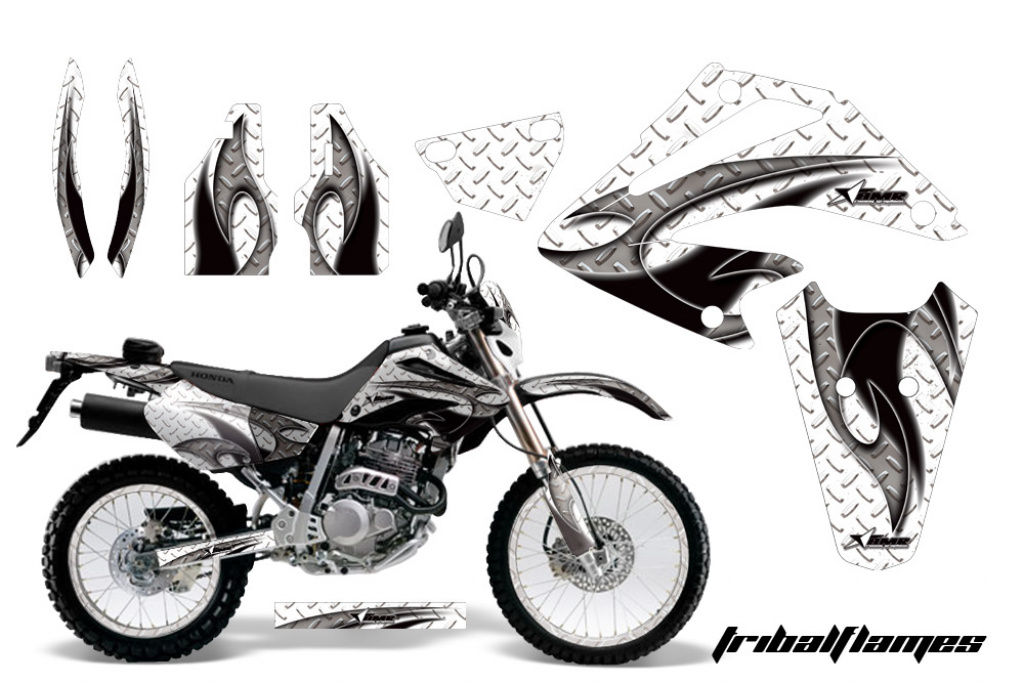 Tribal Flames Hintergrund = Weiß, Designfarbe = Schwarz mit Nummernfeldern für Honda XR250 SM 2003-2005