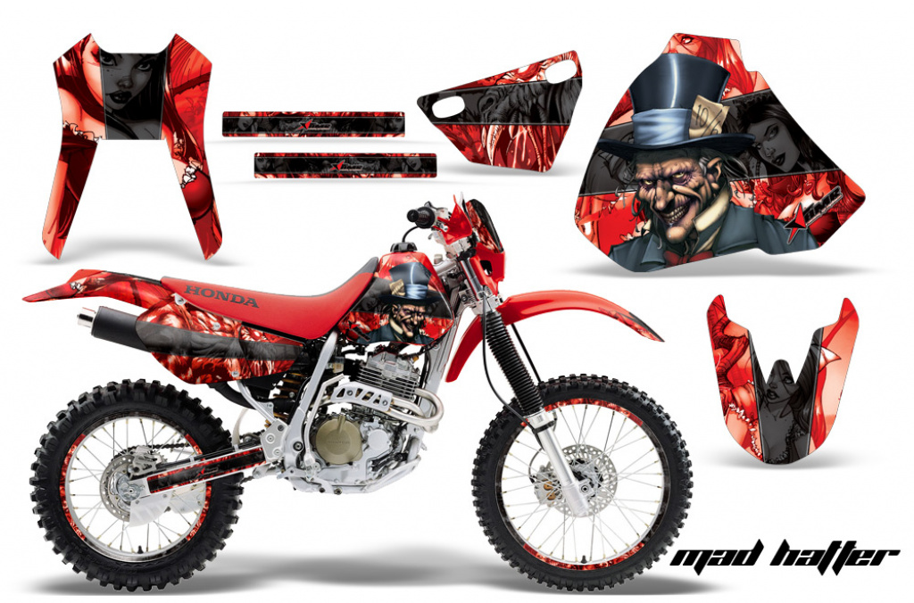 Mad Hatter Hintergrund = Rot, Designfarbe = Schwarz mit Nummernfeldern für Honda XR400 1996-2004