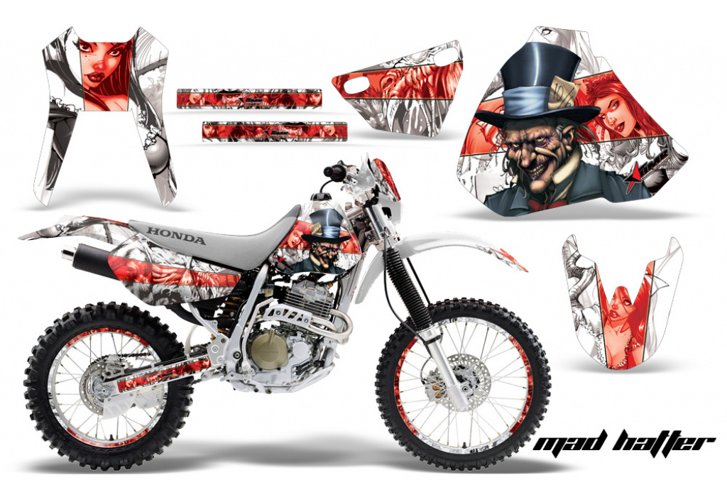Mad Hatter Hintergrund = White, Designfarbe = Rot mit Nummernfeldern für Honda XR400 1996-2004
