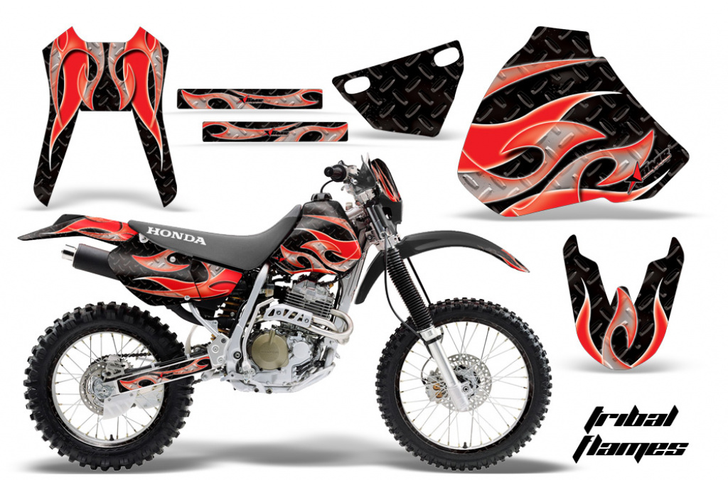 Tribal Flames Hintergrund = Schwarz, Designfarbe = Rot mit Nummernfeldern für Honda XR400 1996-2004