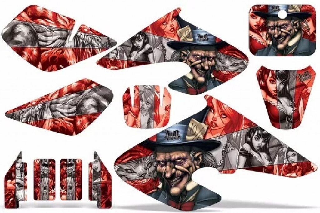 Mad Hatter Background = Red, Design color = Silver without number plates for Honda XR70 2001-2003