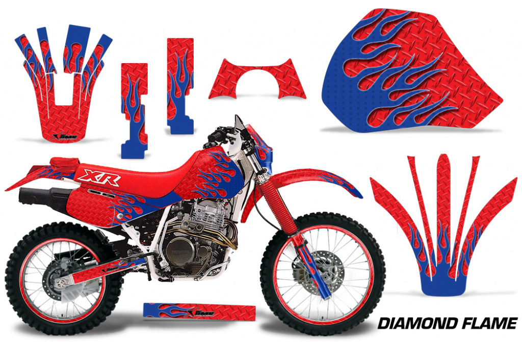 Diamond Flame Hintergrund = Rot, Designfarbe = Blau mit Nummernfeldern für Honda XR600R 1988-2000