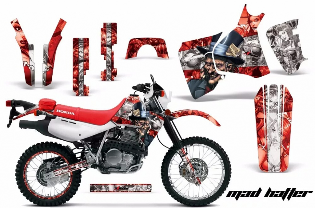 Mad Hatter Hintergrund = Rot, Designfarbe = Silber ohne Nummernfeldern für Honda XR650L 1993-2018