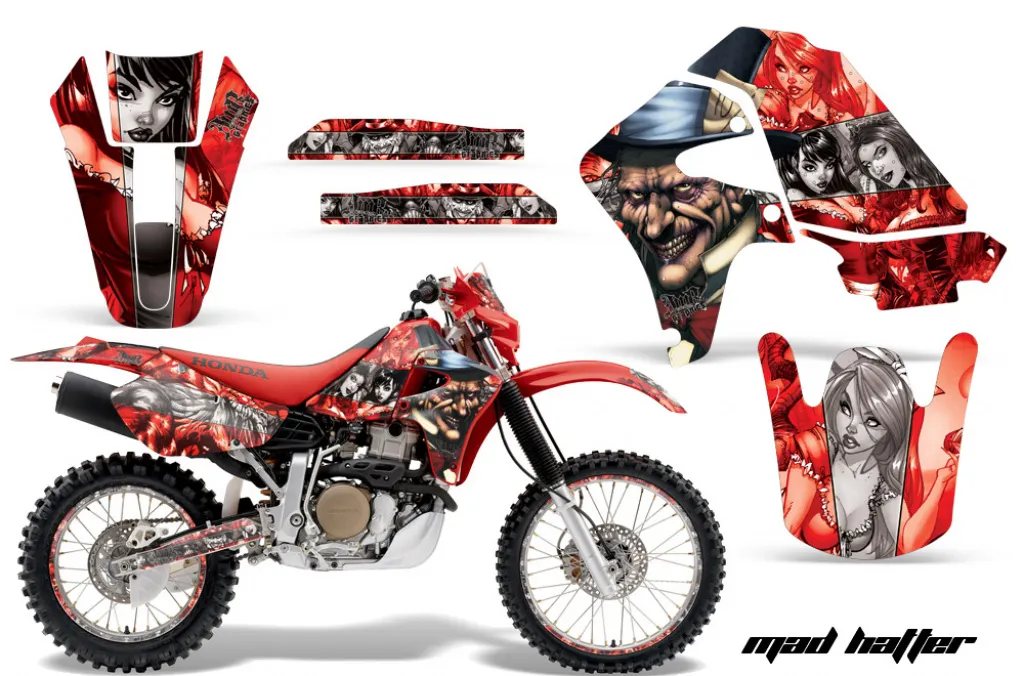 Mad Hatter Hintergrund = Rot, Designfarbe = Silber mit Nummernfeldern für Honda XR650R 2000-2010