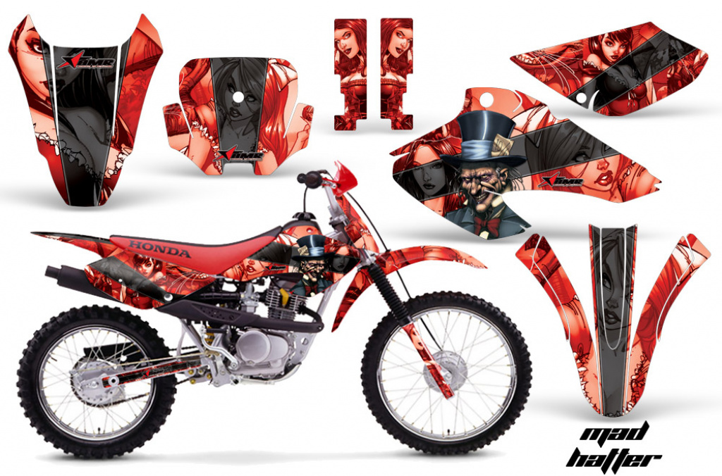 Mad Hatter Background = Red, Design color = Black with number plates for Honda XR80/XR100 2001-2003