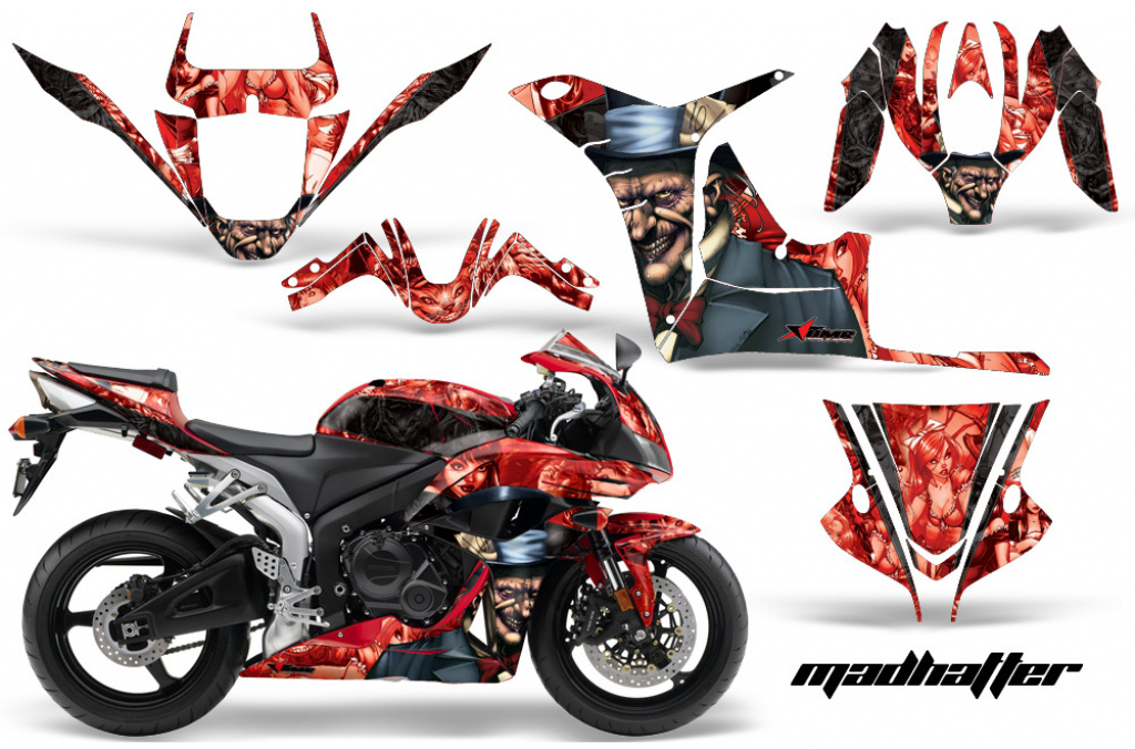 Mad Hatter Hintergrund = Rot, Designfarbe = Schwarz für Honda Sport Bike CBR 600RR 2007-2008