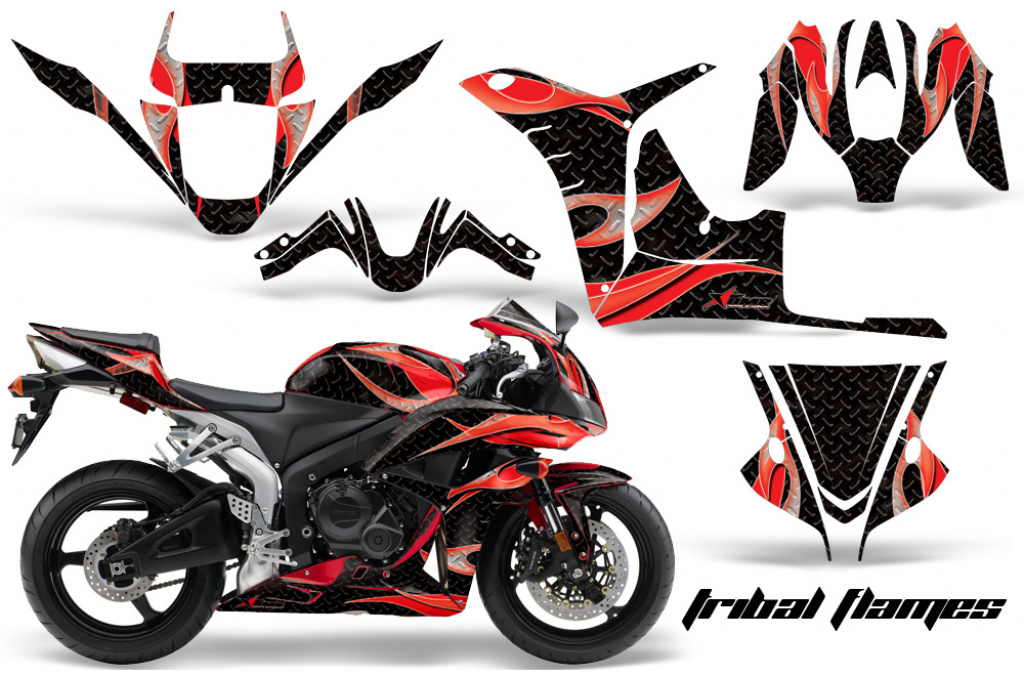 Tribal Flame Hintergrund = Schwarz, Designfarbe = Rot für Honda Sport Bike CBR 600RR 2007-2008