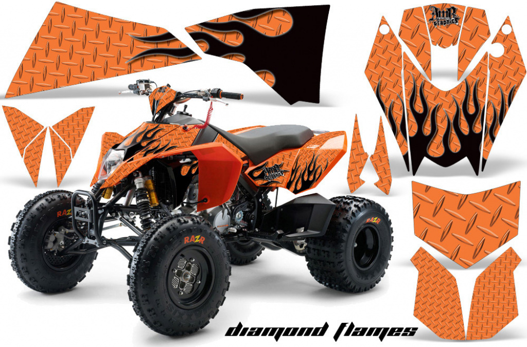Diamond Flames Background = Orange, Design color = Black for KTM SX 505 Quad