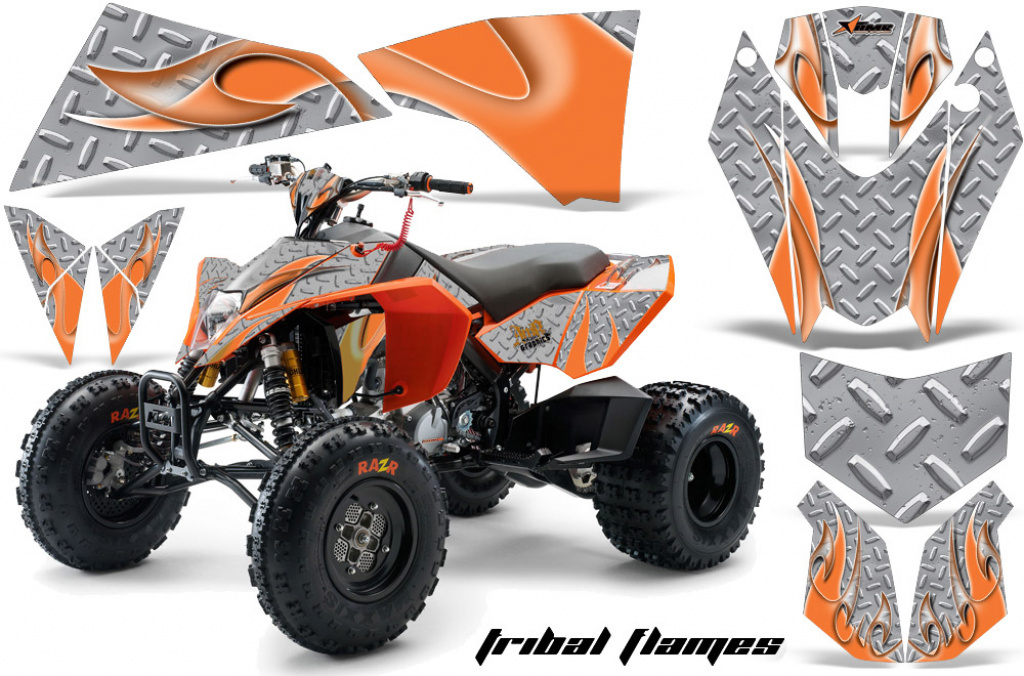 Tribal Flames Background = Silver, Design color = Orange for KTM SX 505 Quad