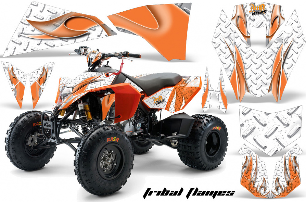 Tribal Flames Background = White, Design color = Orange for KTM SX 505 Quad