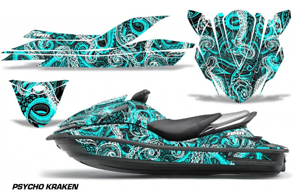 Psycho Kraken Hintergrund = Schwarz, Designfarbe = Teal Blau für Kawasaki 250X/260X/260LX 2007-2012