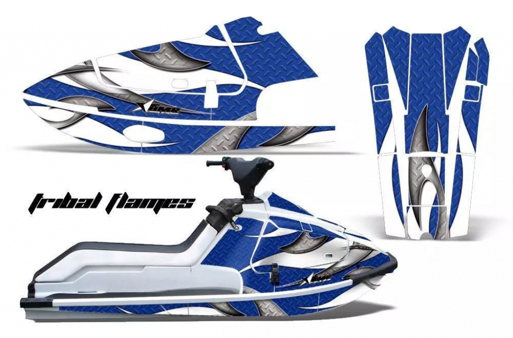 Tribal Flames Hintergrund = Blau, Designfarbe = Weiß für Kawasaki K2 650 1986-1995