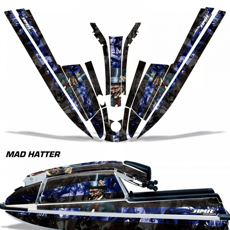 Mad Hatter Hintergrund = Schwarz, Designfarbe = Blau für Kawasaki 440/550 SX 1982-1995