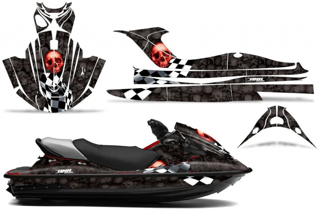Checkered Skull Hintergrund = Schwarz, Designfarbe = Rot für Kawasaki STX15F 2003-2019
