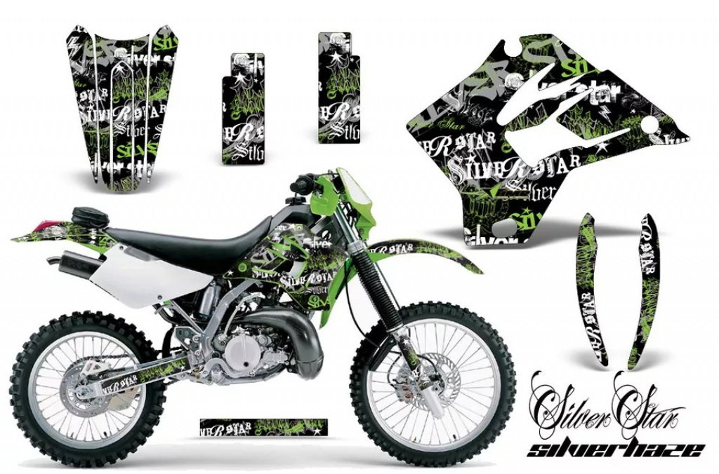 SilverStar - Silverhaze Hintergrund = Schwarz, Designfarbe = Grün ohne Nummernfeldern für Kawasaki KDX200 1995-2006