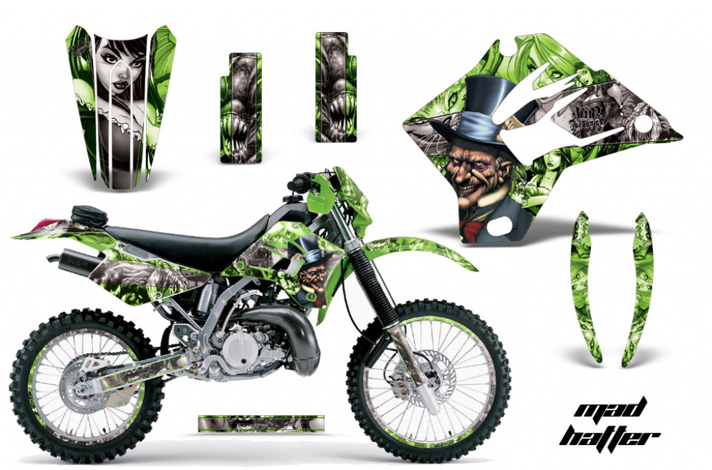 Mad Hatter Hintergrund = Grün, Designfarbe = Silber mit Nummernfeldern für Kawasaki KDX200 1995-2006