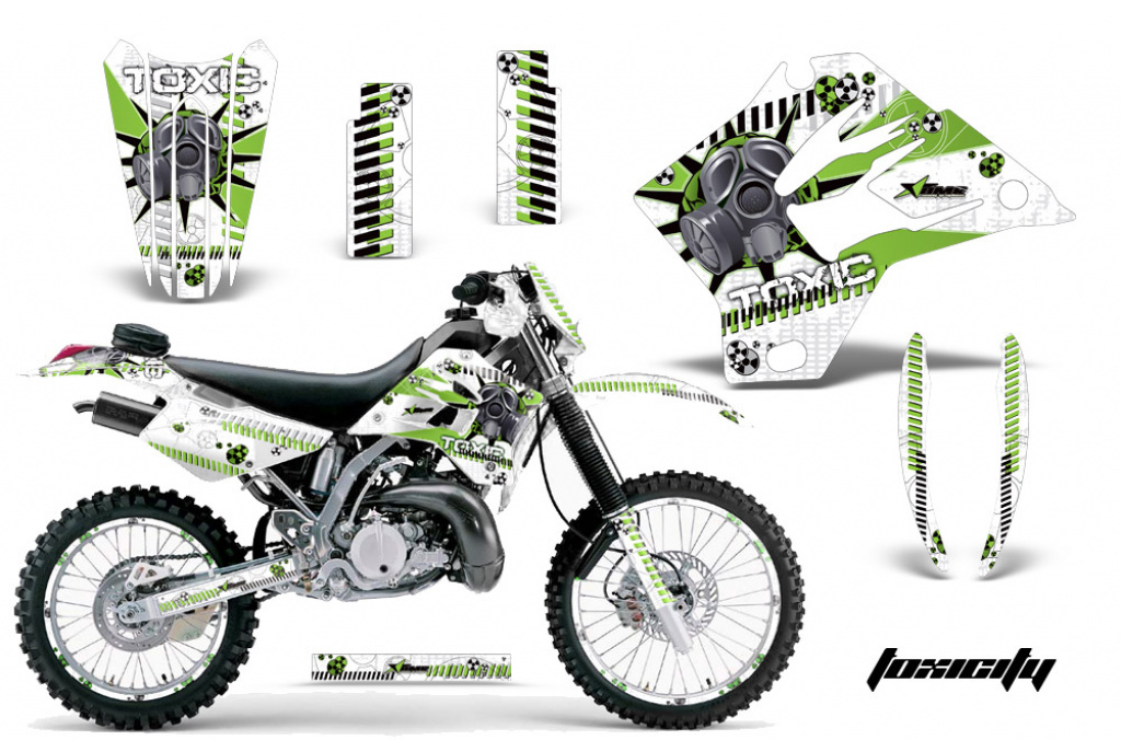 Toxicity Hintergrund = Weiß, Designfarbe = Grün mit Nummernfeldern für Kawasaki KDX200 1995-2006