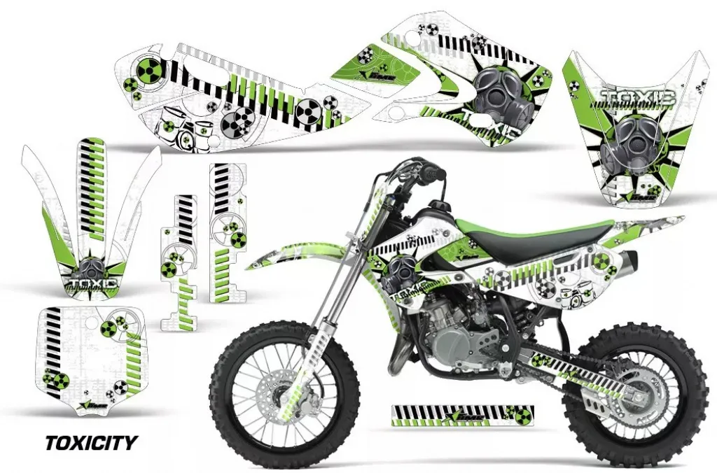 Toxicity Hintergrund = Weiß, Designfarbe = Grün mit Nummernfeldern für Kawasaki KX65 2002-2018