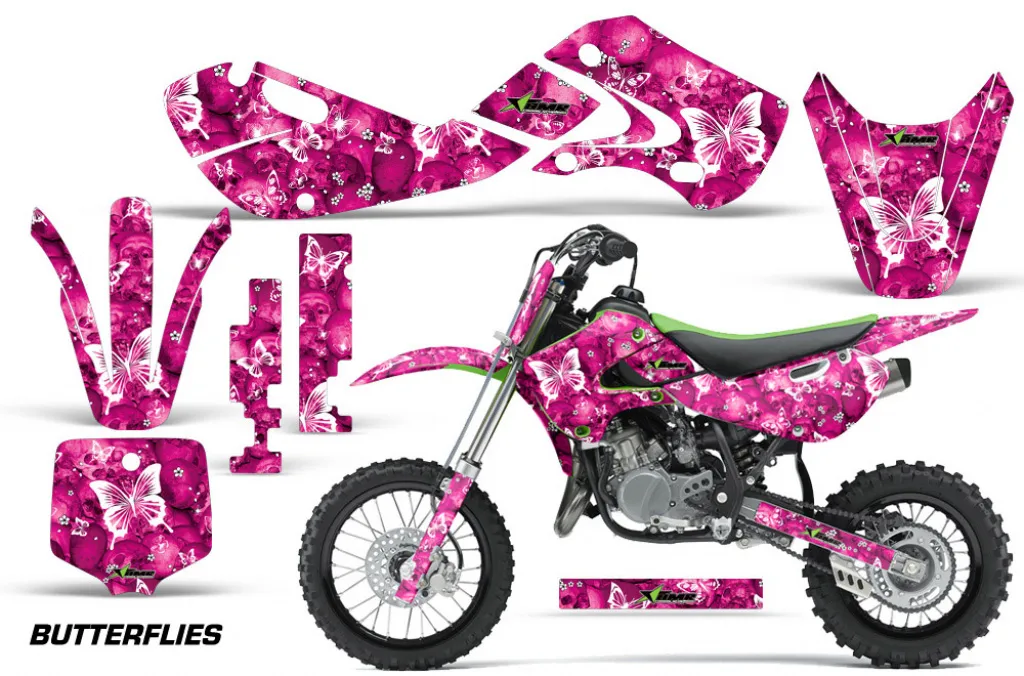 Butterfly Hintergrund = Pink, Designfarbe = Weiß mit Nummernfeldern für Kawasaki KX65 2002-2018