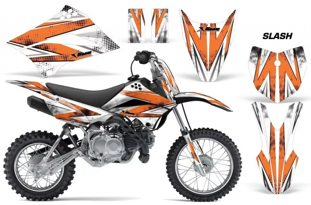 Slash Background = White, Design color = Orange with number plates for Kawasaki KLX110 2010-2021