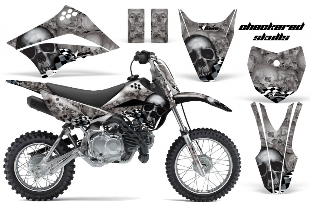 Checkered Skull Background = Silver, Design color = Black with number plates for Kawasaki KLX110 2010-2021