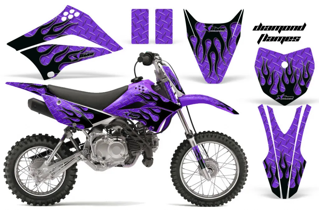 Diamond Flames Hintergrund = Lila, Designfarbe = Schwarz mit Nummernfeldern für Kawasaki KLX110 2010-2021