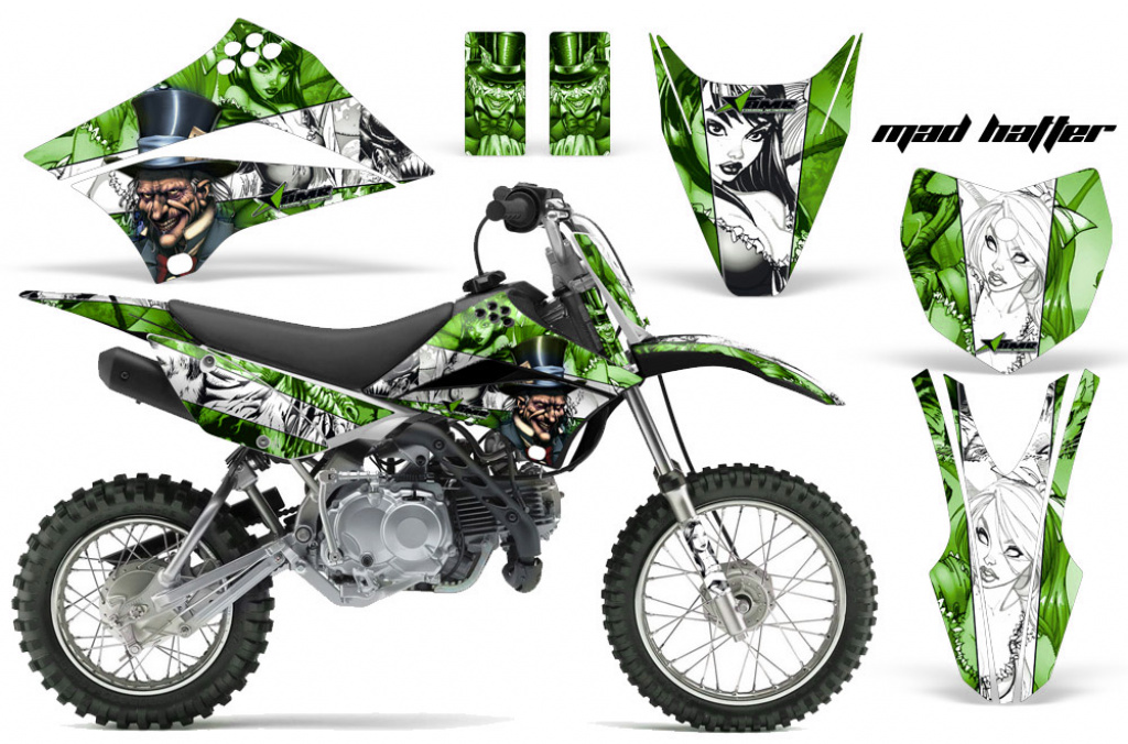 Mad Hatter Background = Green, Design color = White with number plates for Kawasaki KLX110 2010-2021