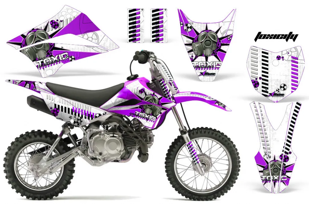 Toxicity Hintergrund = Weiß, Designfarbe = Lila mit Nummernfeldern für Kawasaki KLX110 2010-2021