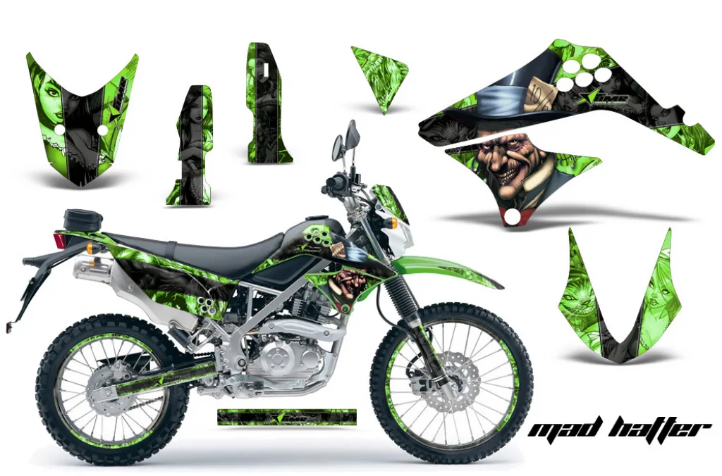Mad Hatter Hintergrund = Grün, Designfarbe = Schwarz mit Nummernfeldern für Kawasaki KLX125 D-Tracker 2010-2016