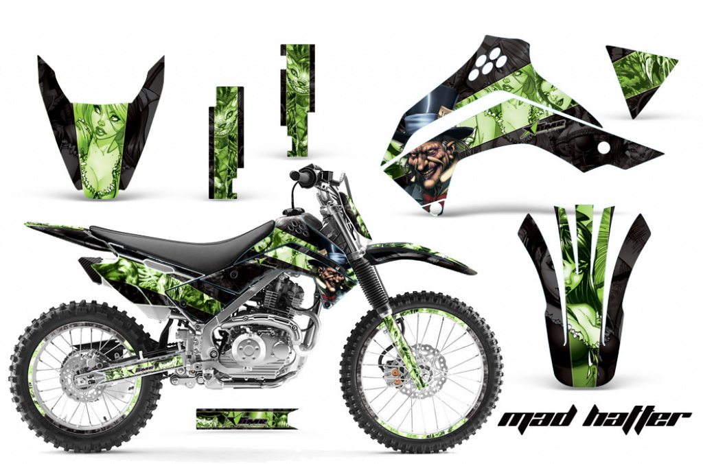 Mad Hatter Hintergrund = Schwarz, Designfarbe = Grün mit Nummernfeldern für Kawasaki KLX140 2008-2019