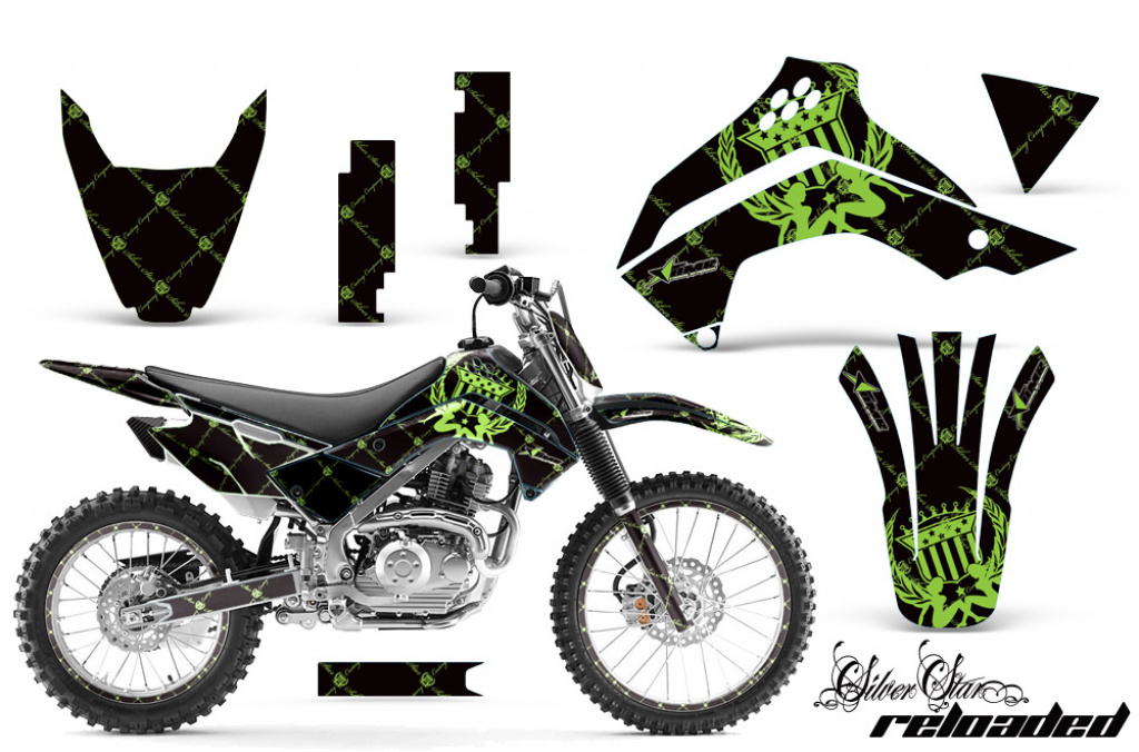SilverStar - Reloaded Hintergrund = Schwarz, Designfarbe = Grün mit Nummernfeldern für Kawasaki KLX140 2008-2019