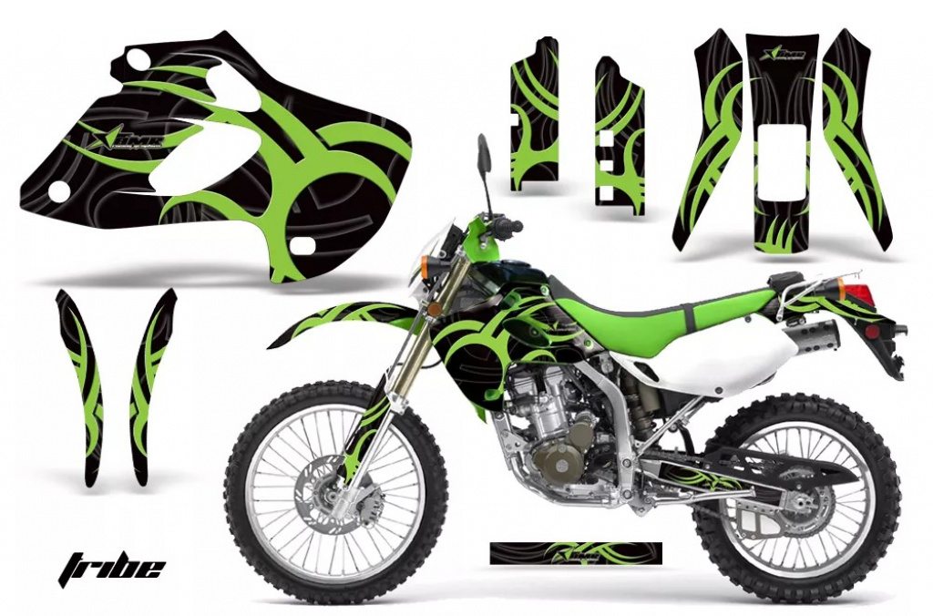 Tribe Hintergrund = Schwarz, Designfarbe = Grün ohne Nummernfeldern für Kawasaki KLX250 1998-2003