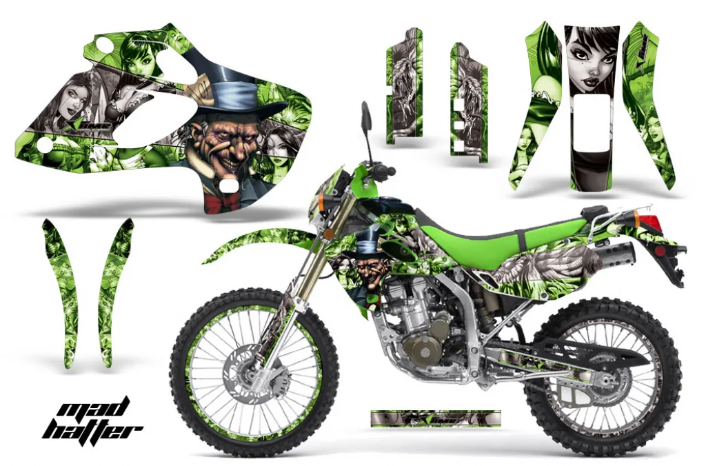 Mad Hatter Hintergrund = Grün, Designfarbe = Silber mit Nummernfeldern für Kawasaki KLX250 1998-2003