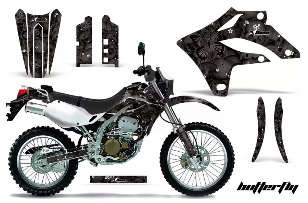 Butterfly Hintergrund = Schwarz, Designfarbe = Schwarz ohne Nummernfeldern für Kawasaki KLX250 2004-2007