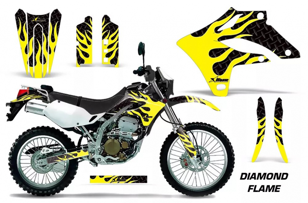 Diamond Flames Hintergrund = Schwarz, Designfarbe = Gelb ohne Nummernfeldern für Kawasaki KLX250 2004-2007