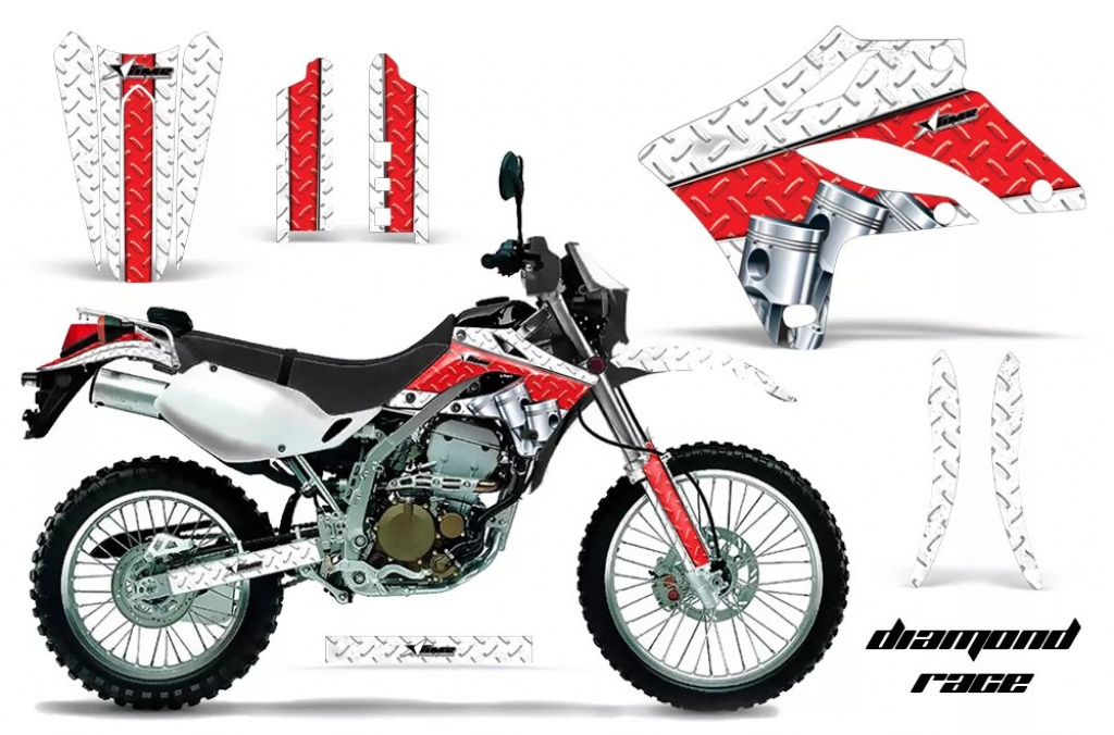 Diamond Race Hintergrund = Weiß, Designfarbe = Rot ohne Nummernfeldern für Kawasaki KLX250 2004-2007