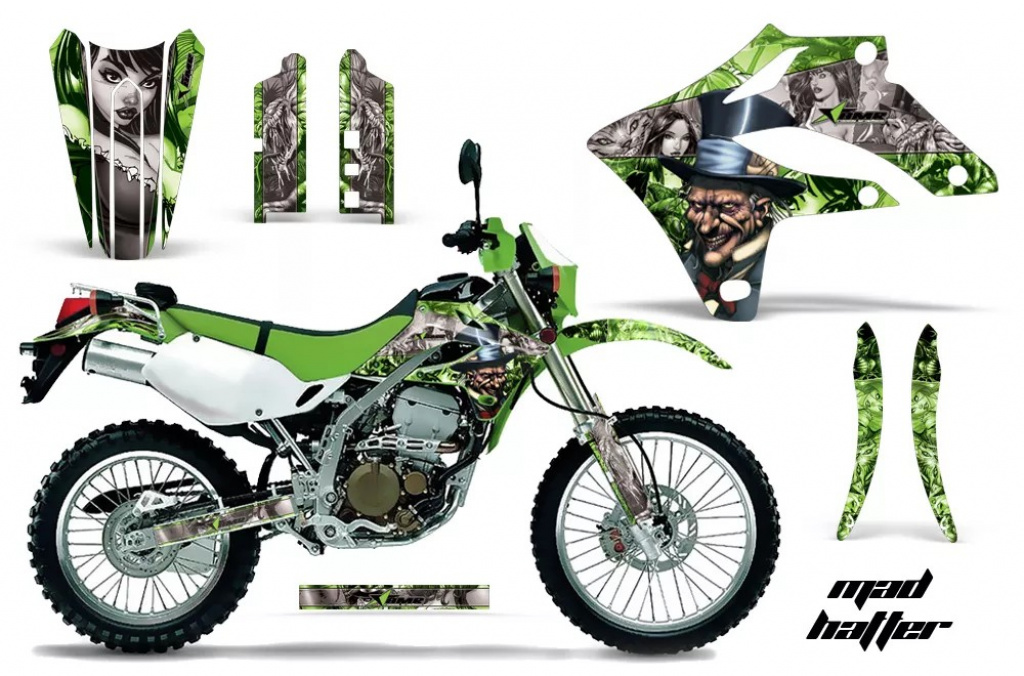 Mad Hatter Hintergrund = Grün, Designfarbe = Silber ohne Nummernfeldern für Kawasaki KLX250 2004-2007