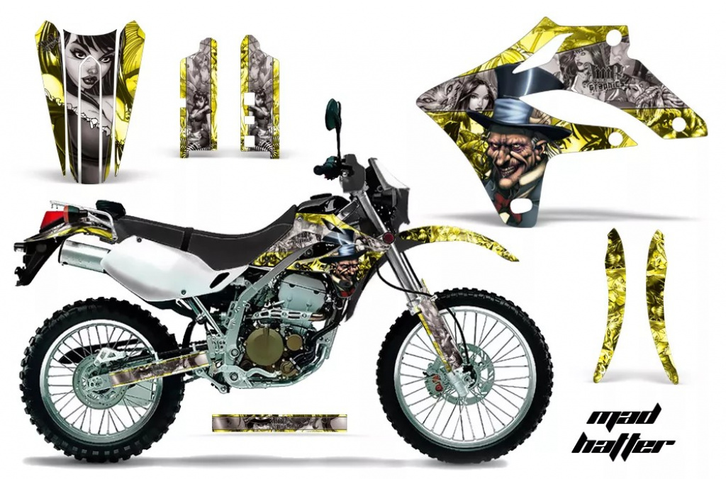 Mad-Hatter Hintergrund = Gelb, Designfarbe = Silber ohne Nummernfeldern für Kawasaki KLX250 2004-2007