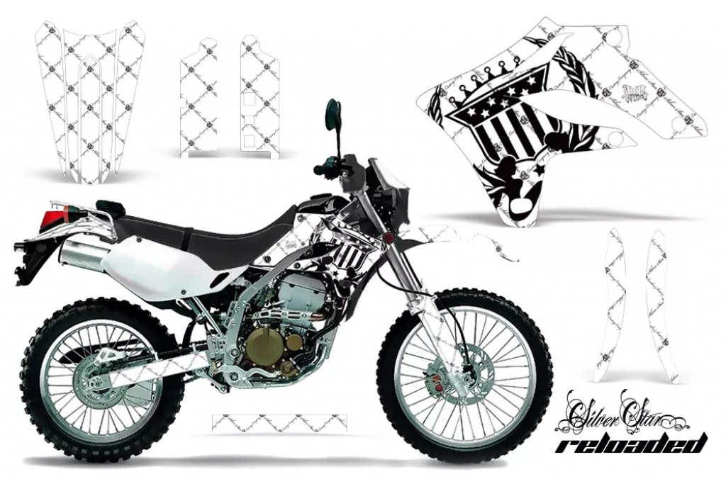 SilverStar - Reloaded Hintergrund = Weiß, Designfarbe = Schwarz ohne Nummernfeldern für Kawasaki KLX250 2004-2007