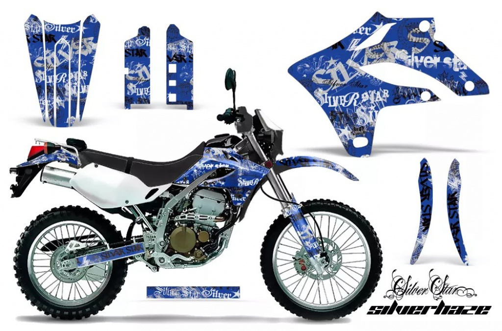 SilverStar - Silverhaze Hintergrund = Blau, Designfarbe = Weiß ohne Nummernfeldern für Kawasaki KLX250 2004-2007