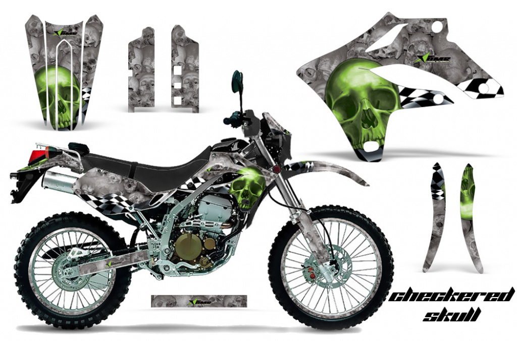 Checkered Skull Hintergrund = Silber, Designfarbe = Grün mit Nummernfeldern für Kawasaki KLX250 2004-2007