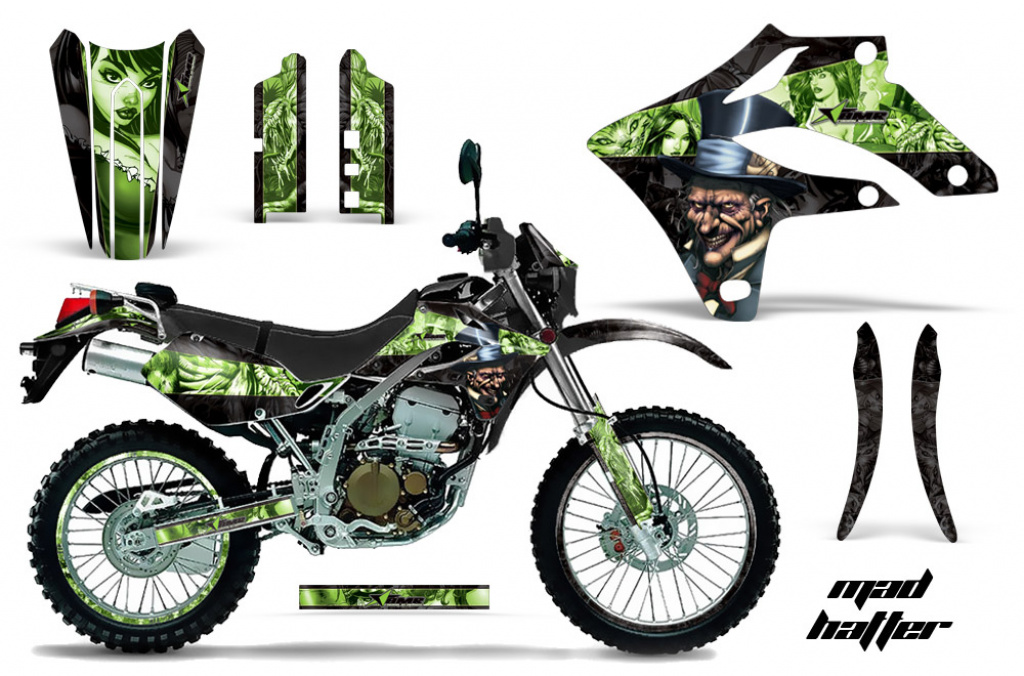 Mad-Hatter Hintergrund = Schwarz, Designfarbe = Grün mit Nummernfeldern für Kawasaki KLX250 2004-2007