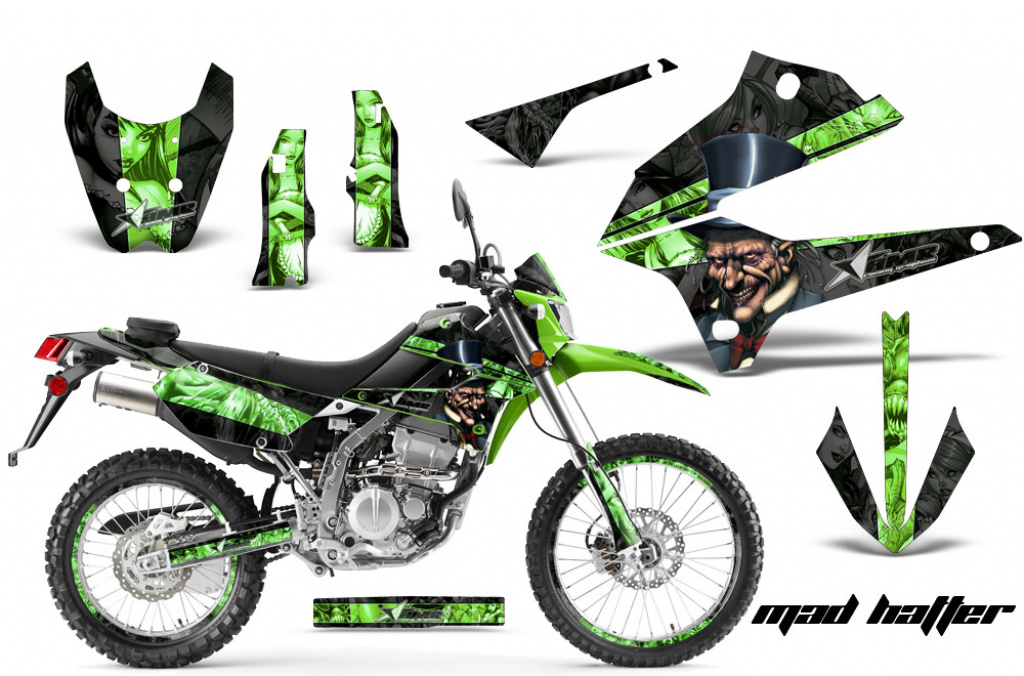 Mad-Hatter Hintergrund = Schwarz, Designfarbe = Grün mit Nummernfeldern für Kawasaki KLX250 2008-2018