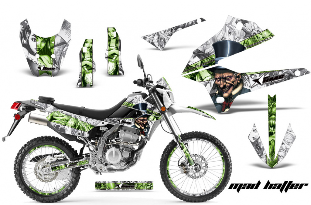 Mad-Hatter Hintergrund = Weiß, Designfarbe = Grün mit Nummernfeldern für Kawasaki KLX250 2008-2018